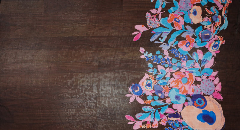 Black Silk Floral Border Printed Chiffon Woven Fabric