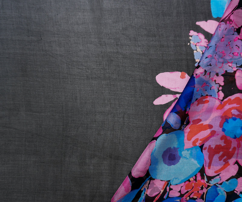 Black Silk Floral Border Printed Chiffon Woven Fabric