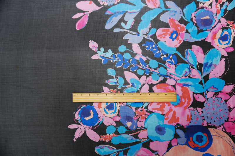 Black Silk Floral Border Printed Chiffon Woven Fabric