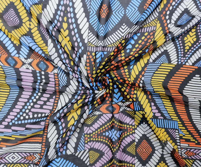 Black Silk Abstract Aztec Printed Chiffon Woven Fabric