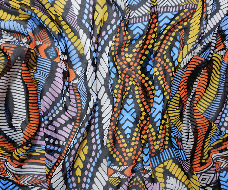 Black Silk Abstract Aztec Printed Chiffon Woven Fabric