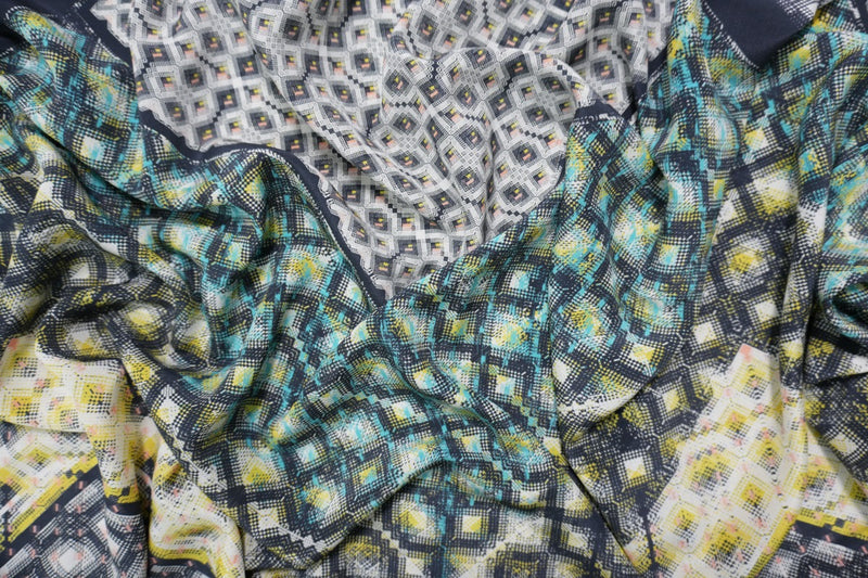 Blue Silk Diamond Printed Crepe De Chine Woven Fabric