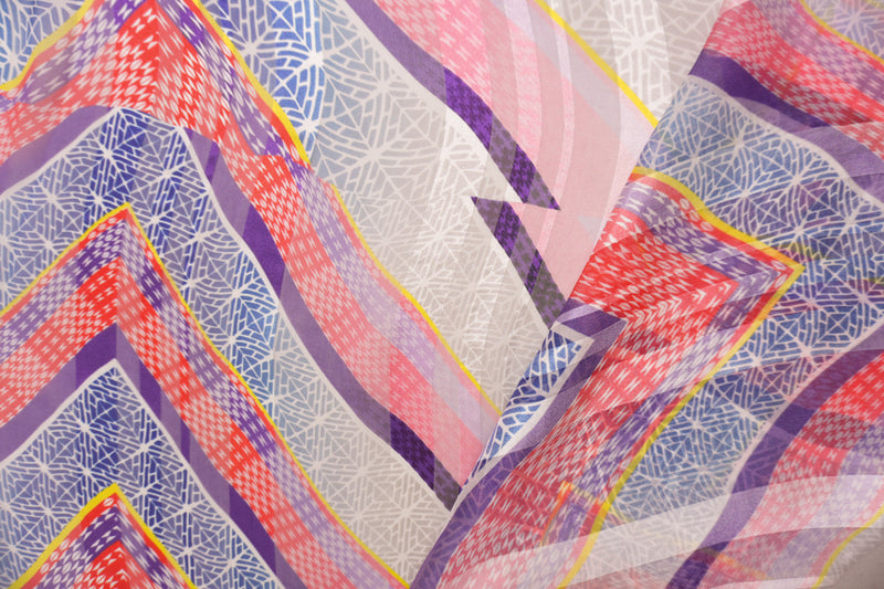 Red-Multi Silk Abstract Chevron Print Chiffon Satin Woven Fabric