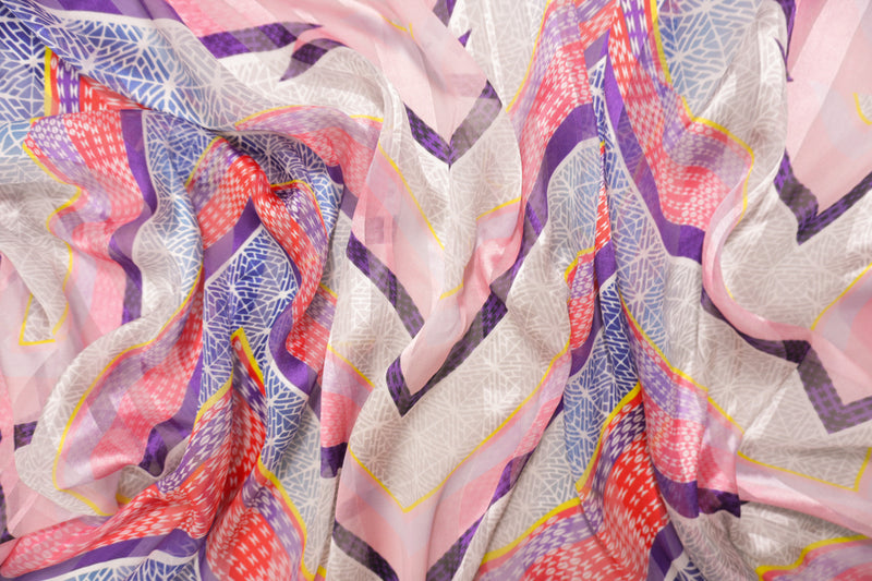 Red-Multi Silk Abstract Chevron Print Chiffon Satin Woven Fabric