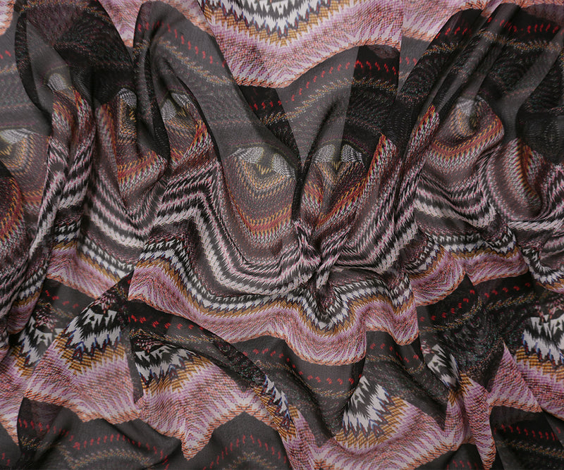 Black-Multi Silk Abstract Bargello Printed Chiffon Woven Fabric
