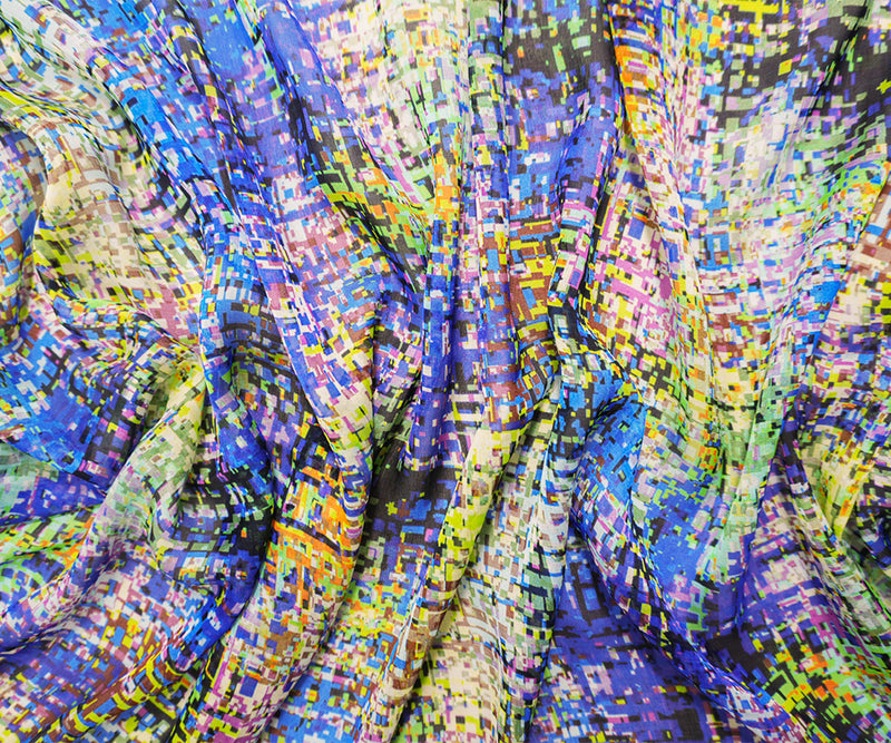 Blue-Multi Silk Abstract Pixel Printed Chiffon Woven Fabric