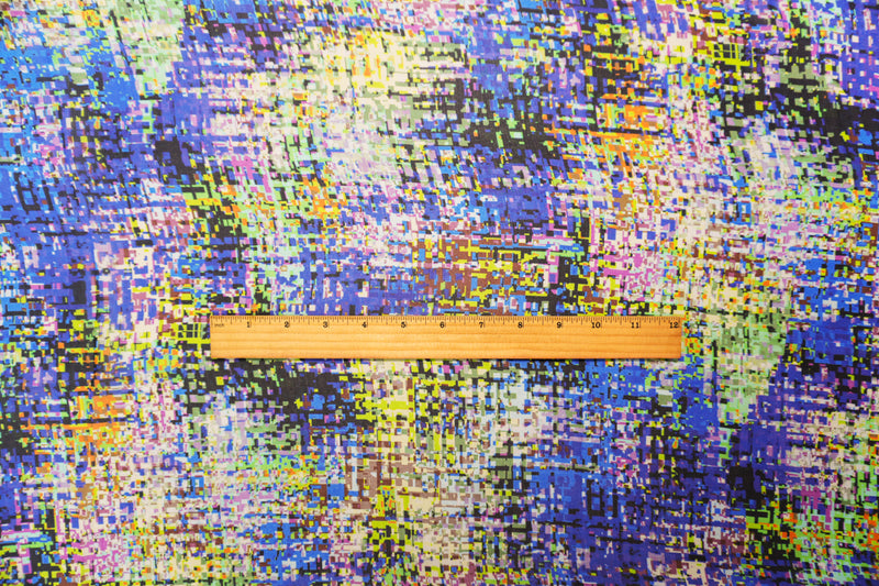 Blue-Multi Silk Abstract Pixel Printed Chiffon Woven Fabric