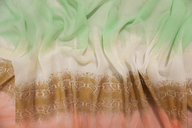 Orange-Green-Multi Silk Abstract Print Chiffon Woven Fabric