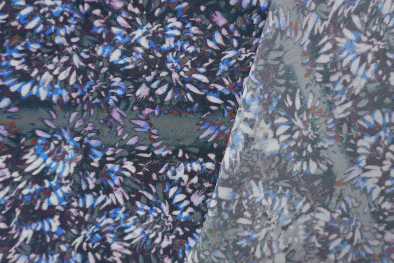 Purple Silk Abstract Floral Printed Matte Crepe De Chine Woven Fabric
