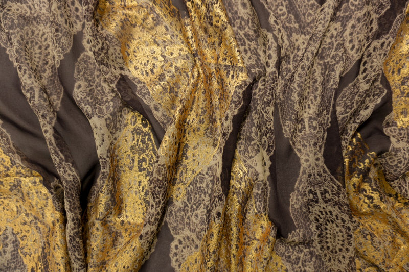 Gold Silk Baroque Foil Printed Chiffon Woven Fabric