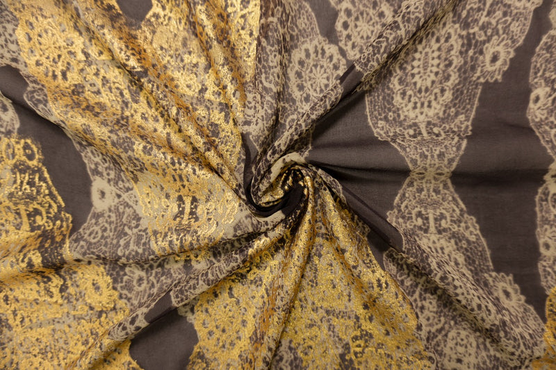 Gold Silk Baroque Foil Printed Chiffon Woven Fabric