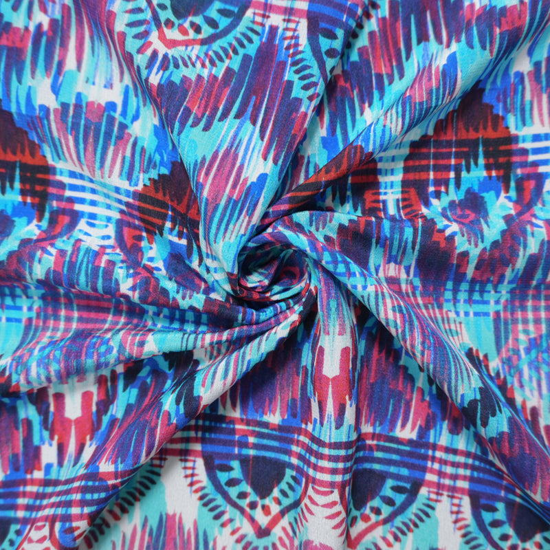 Blue Silk Peacock Tribal Printed Crepe De Chine Woven Fabric