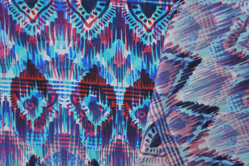 Blue Silk Peacock Tribal Printed Crepe De Chine Woven Fabric