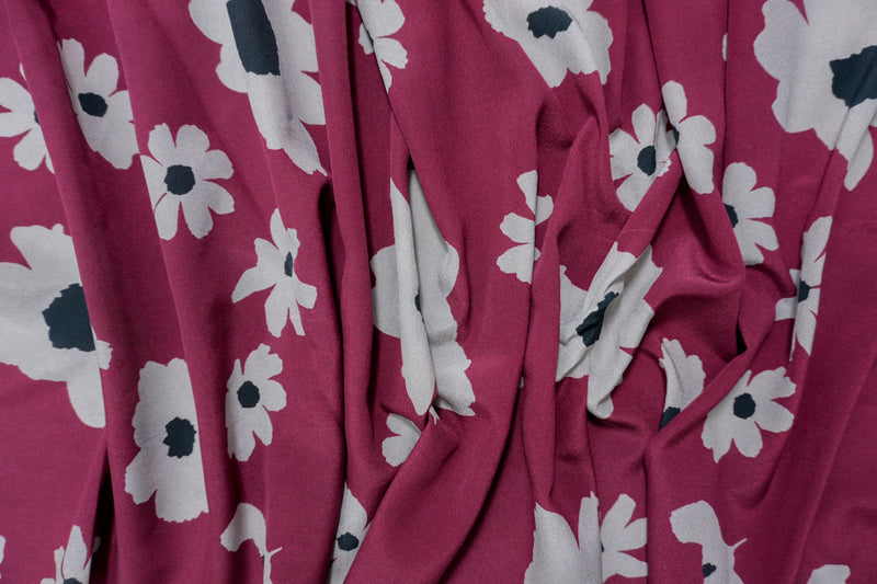 Red Silk Floral Printed Crepe De Chine Woven Fabric