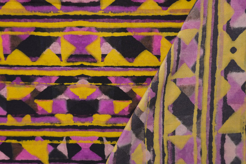 Purple Silk Aztec Stripe Printed Semi-Sheer Crepe Woven Fabric