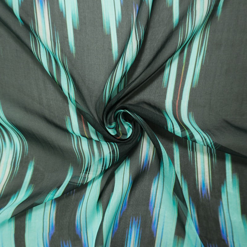 Teal Silk Abtract Ikat Printed Chiffon Woven Fabric