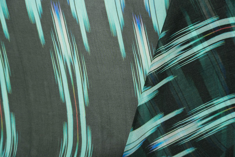 Teal Silk Abtract Ikat Printed Chiffon Woven Fabric