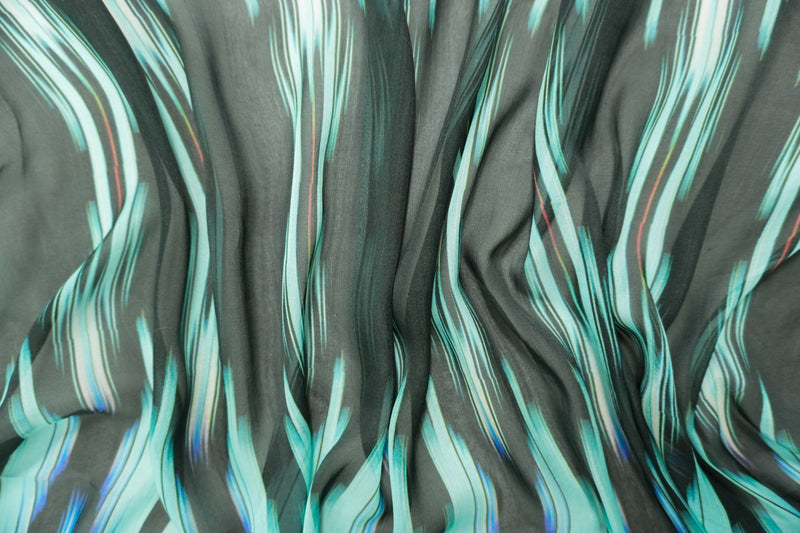 Teal Silk Abtract Ikat Printed Chiffon Woven Fabric
