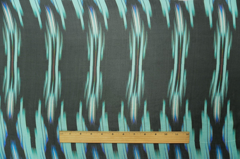 Teal Silk Abtract Ikat Printed Chiffon Woven Fabric