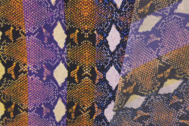 Purple Silk Abstract Reptile Printed Crepe De Chine Woven Fabric