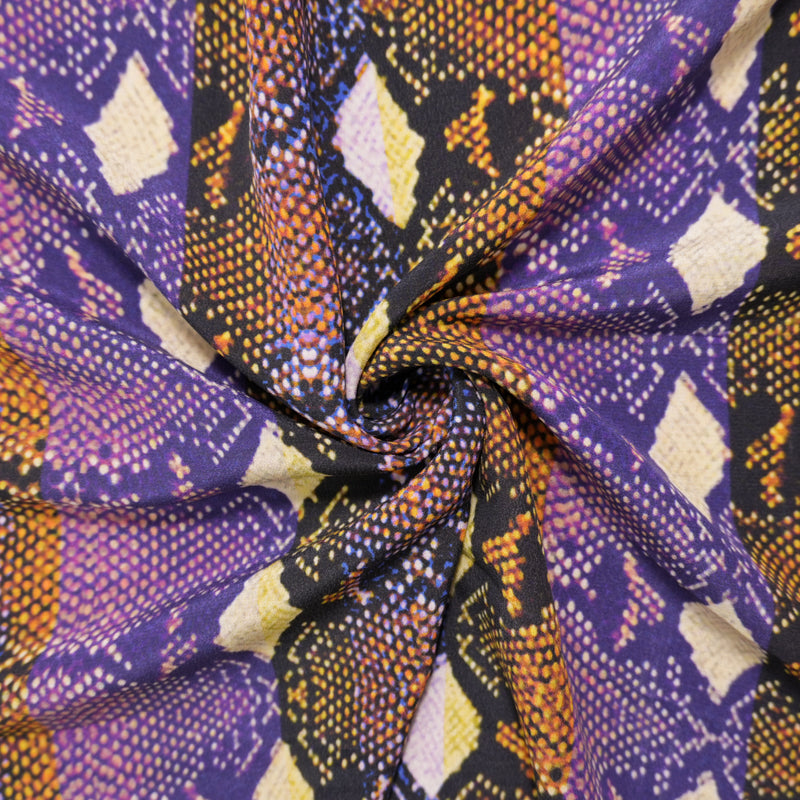 Purple Silk Abstract Reptile Printed Crepe De Chine Woven Fabric