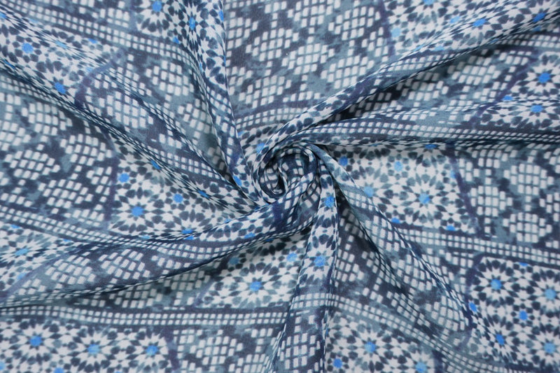 Blue Silk Geometric Border Printed Chiffon Woven Fabric