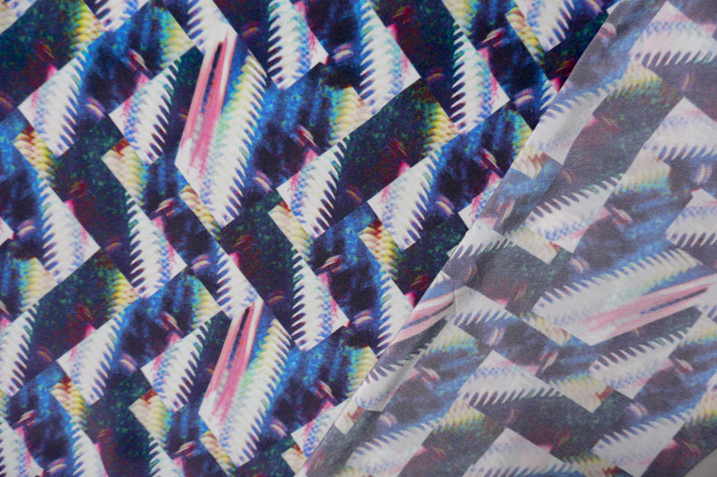 Blue Silk Abstract Fragment Printed Matte Crepe De Chine Fabric