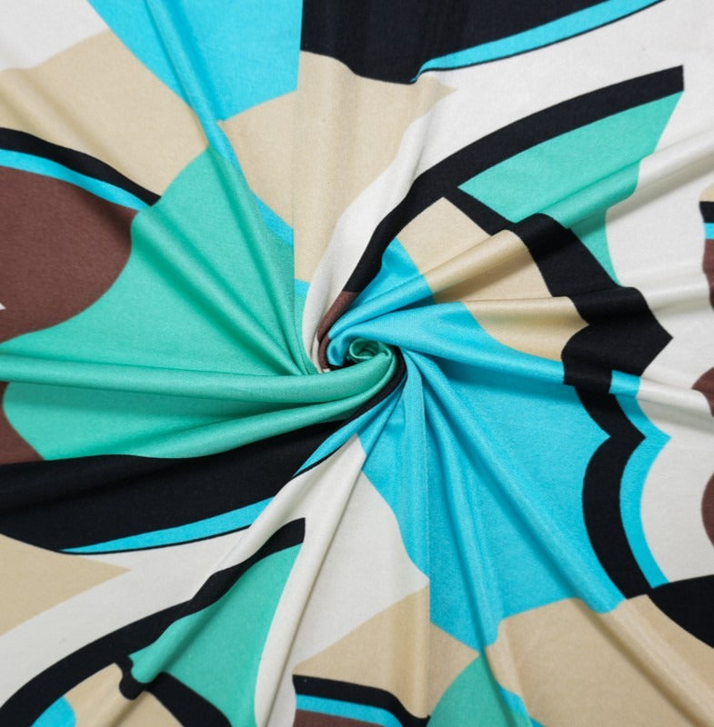 Teal Silk Abstract Printed Interlock Knit Fabric