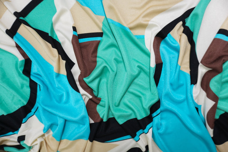 Teal Silk Abstract Printed Interlock Knit Fabric