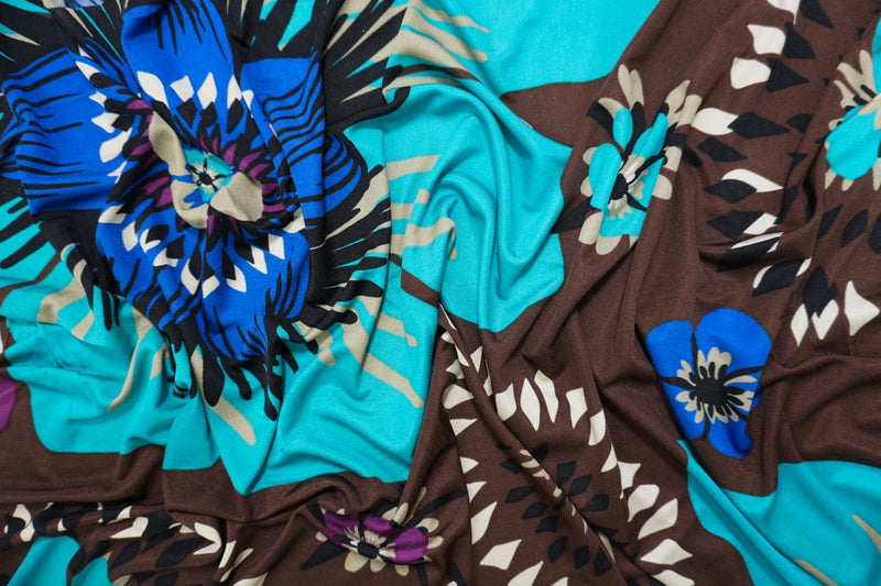 Brown Silk Floral Printed Interlock Knit Fabric