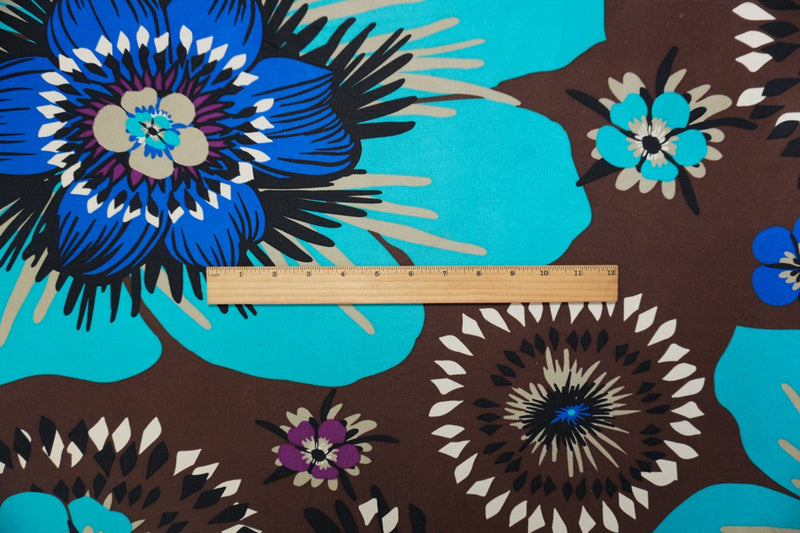 Brown Silk Floral Printed Interlock Knit Fabric