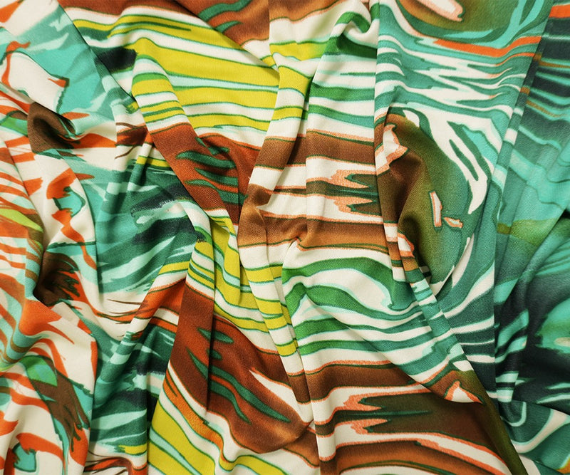 Green Silk Abstract Printed Interlock Knit Fabric