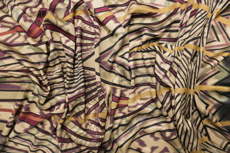 Beige-Black Silk Aztec Border Stripe Print Interlock Knit Fabric