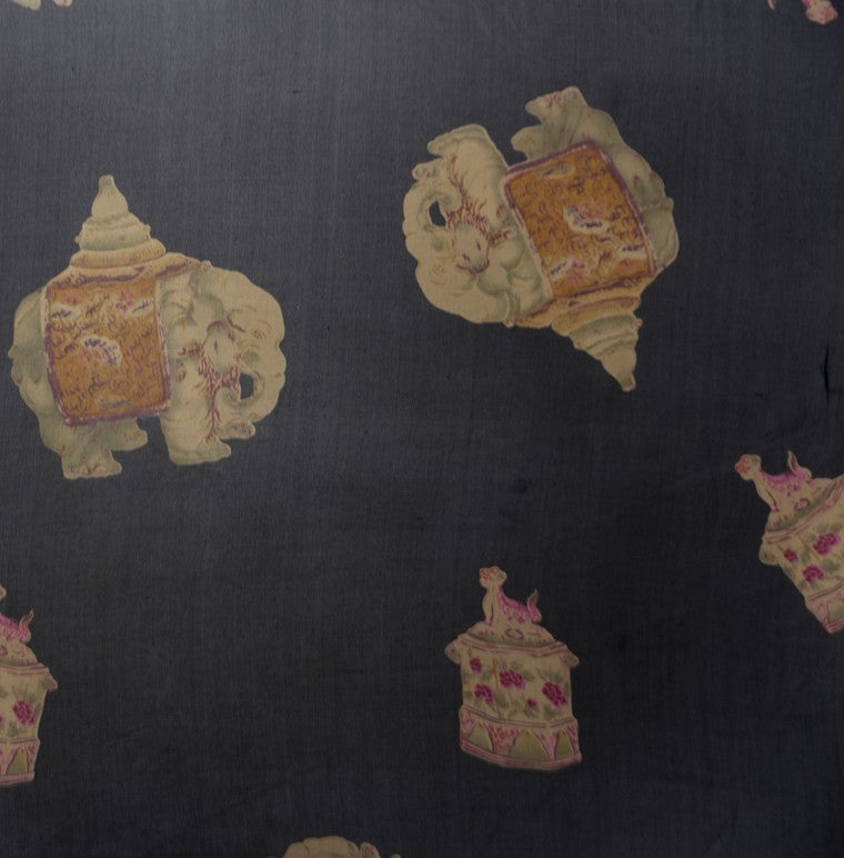 Black Silk Elephant Printed Chiffon Woven Fabric