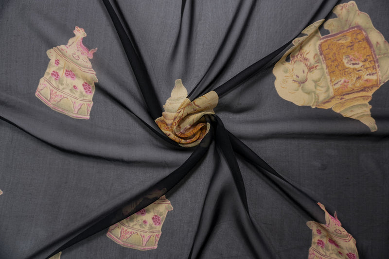 Black Silk Elephant Printed Chiffon Woven Fabric