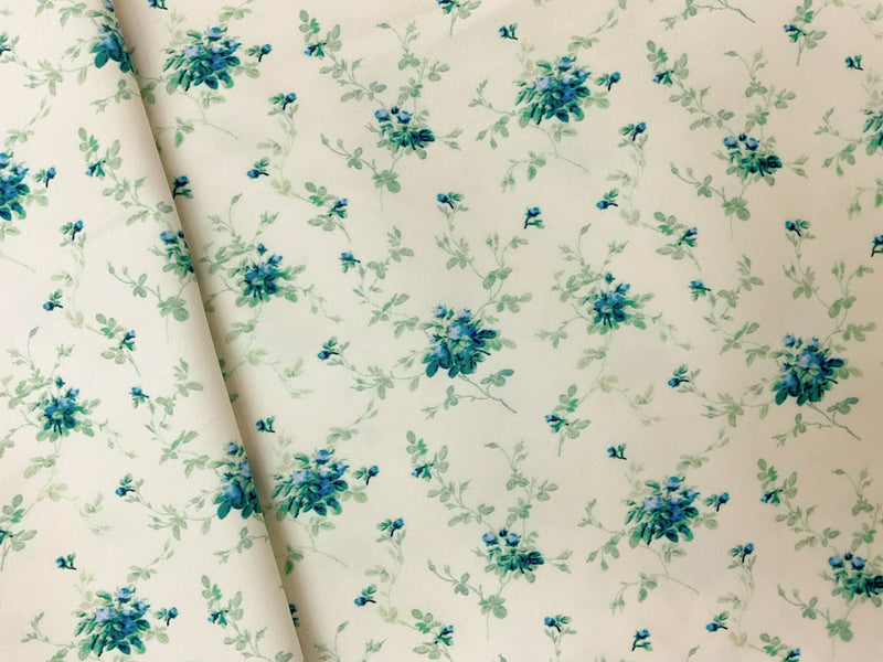 3 YD PC-Ivory-Blue-Muilti Floral Printed Board Short Woven Fabric