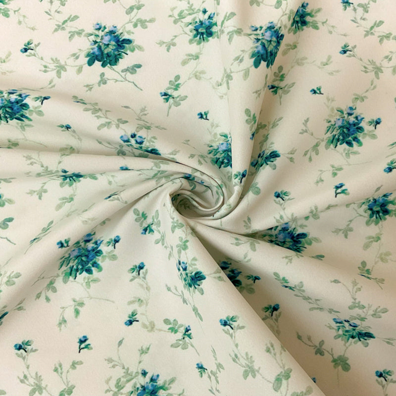 3 YD PC-Ivory-Blue-Muilti Floral Printed Board Short Woven Fabric