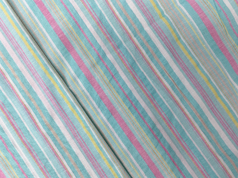 Teal-Multi Cotton Stretch Stripe Crinkled Woven Fabric