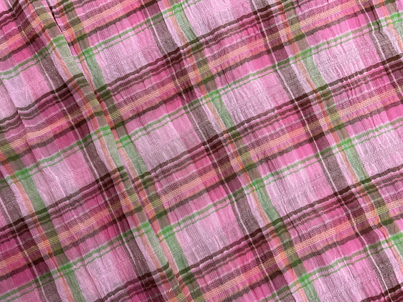 Pink-Multi Cotton Plaid Crinkled Leno Gauze Woven Fabric