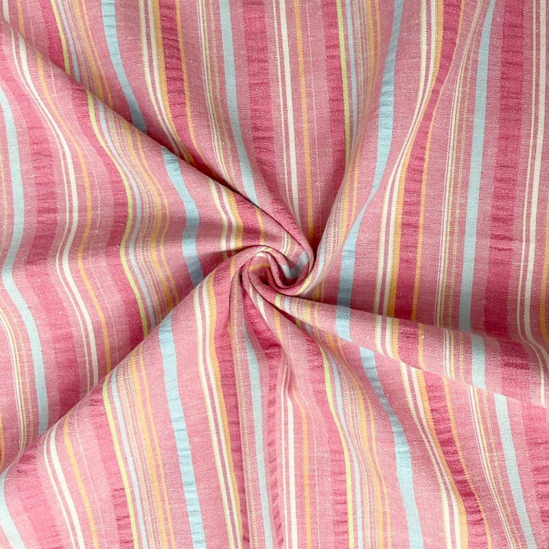 Pink-Multi Cotton Stretch Stripe Crinkled Woven Fabric