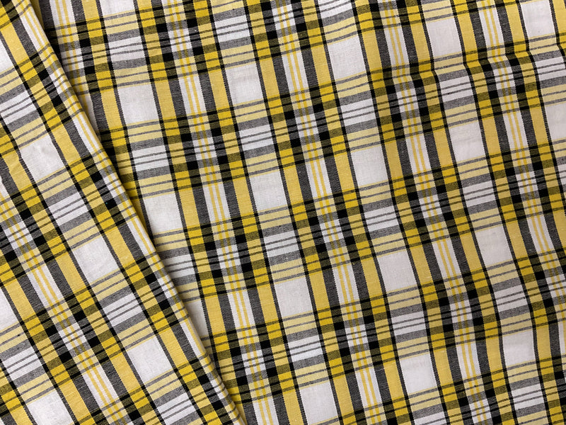 Yellow-Black-White Cotton Stretch Plaid Madras Woven Fabric