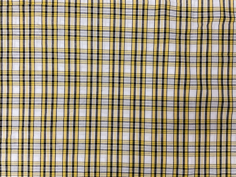 Yellow-Black-White Cotton Stretch Plaid Madras Woven Fabric