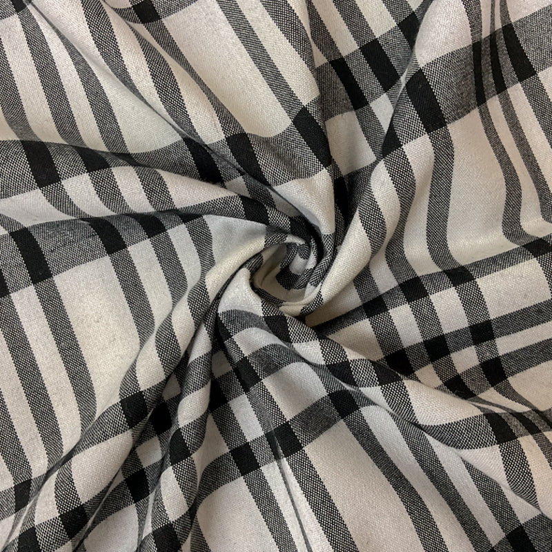 White-Black Cotton Spandex Plaid Madras Woven Fabric