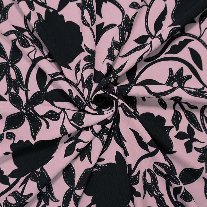 Pink-Black Viscose Floral Crepe Faille Famous Designer Fabric