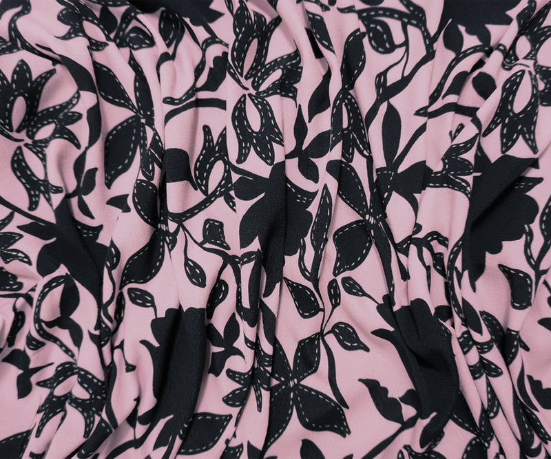 Pink-Black Viscose Floral Crepe Faille Famous Designer Fabric