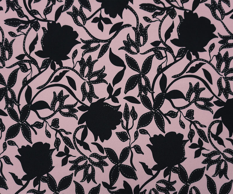 Pink-Black Viscose Floral Crepe Faille Famous Designer Fabric