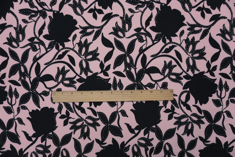 Pink-Black Viscose Floral Crepe Faille Famous Designer Fabric