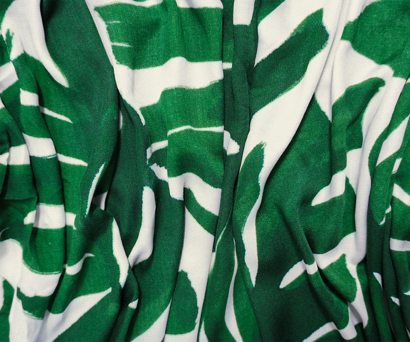 Green Viscose Leaves Printed Twill Satin Woven Designer Fabric