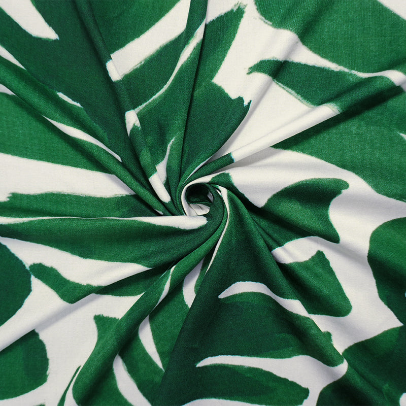 Green Viscose Leaves Printed Twill Satin Woven Designer Fabric