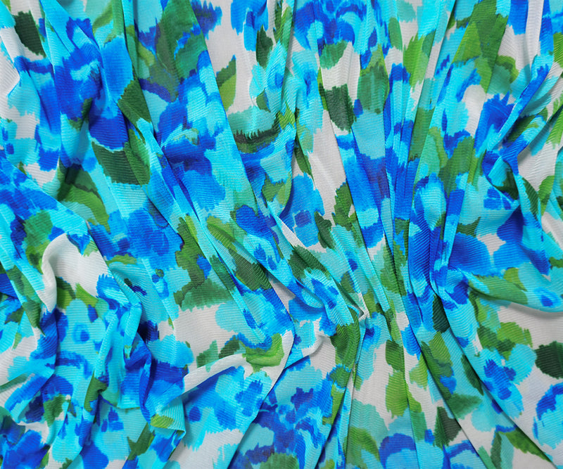 Blue Poly Elastic Floral Printed Mesh Knit Famous Designer Fabric